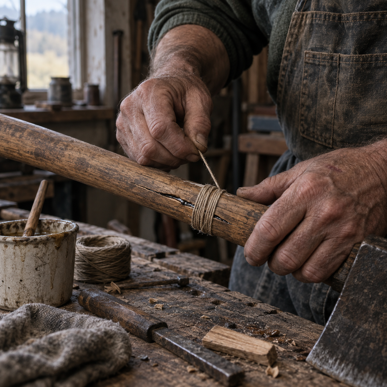 Scarred hands repairing a visibly split wooden tool handle at a workbench.