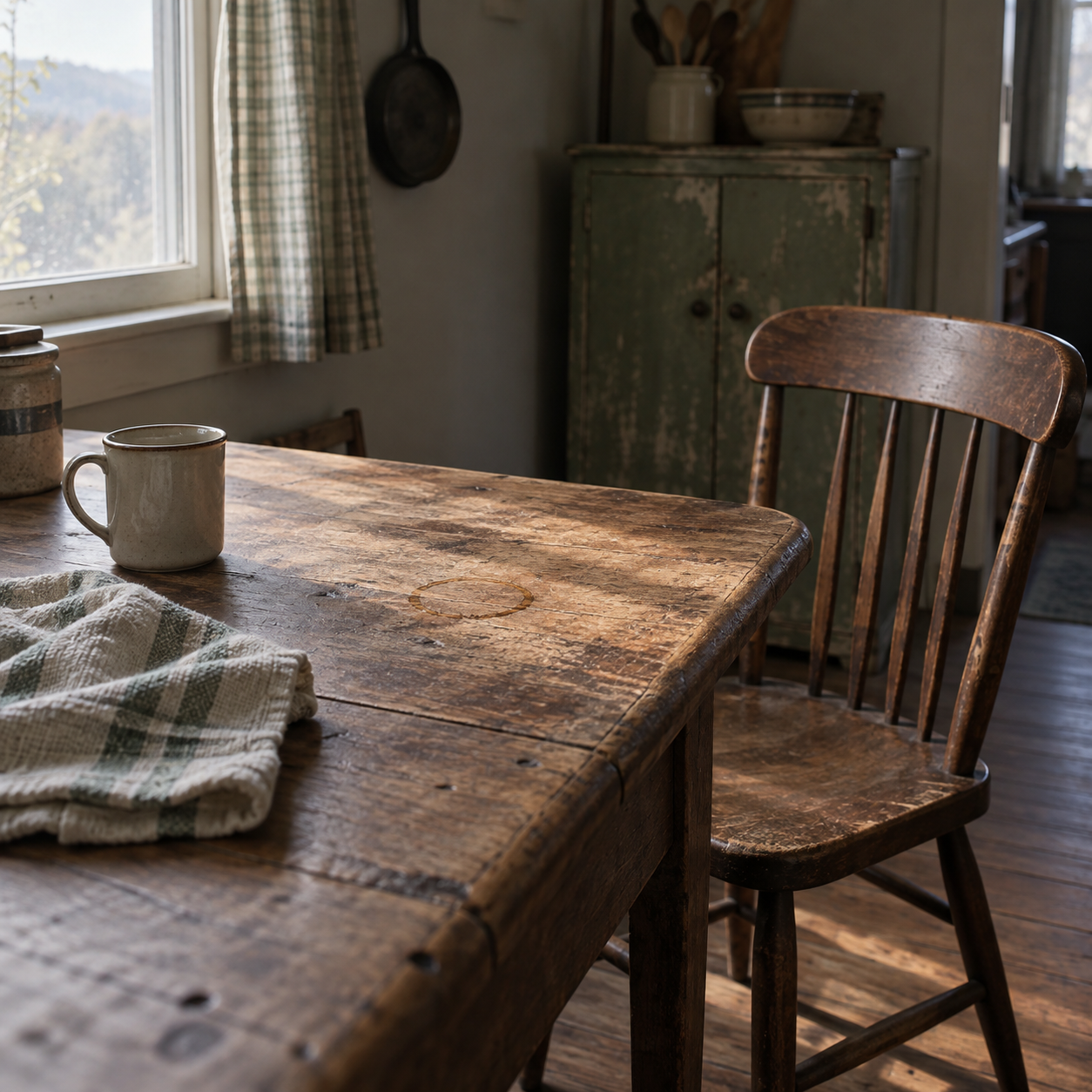 An empty wooden chair beside a worn kitchen table in quiet morning light.