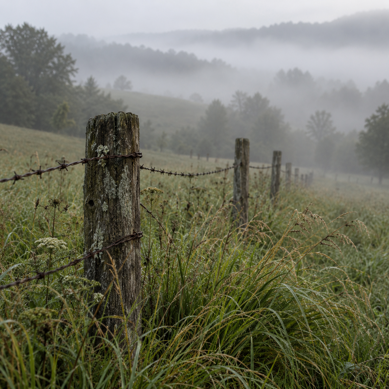 Weathered fence posts and taut wire receding into fog across an Appalachian hillside.