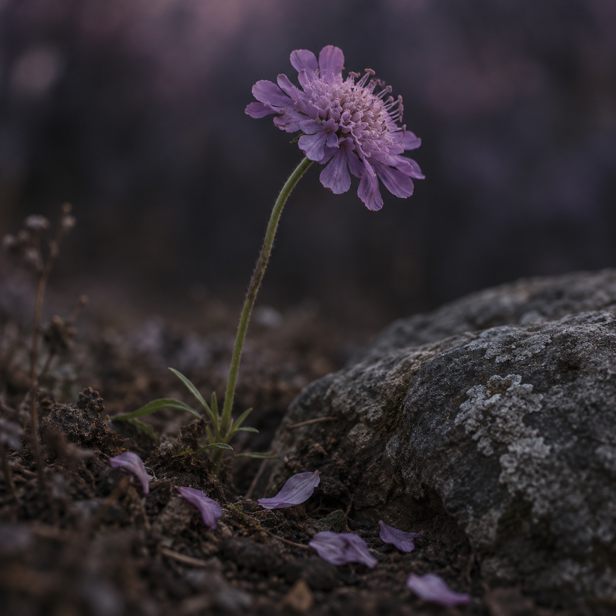 A purple wildflower grows beside weathered stone, with fallen petals on the soil below.