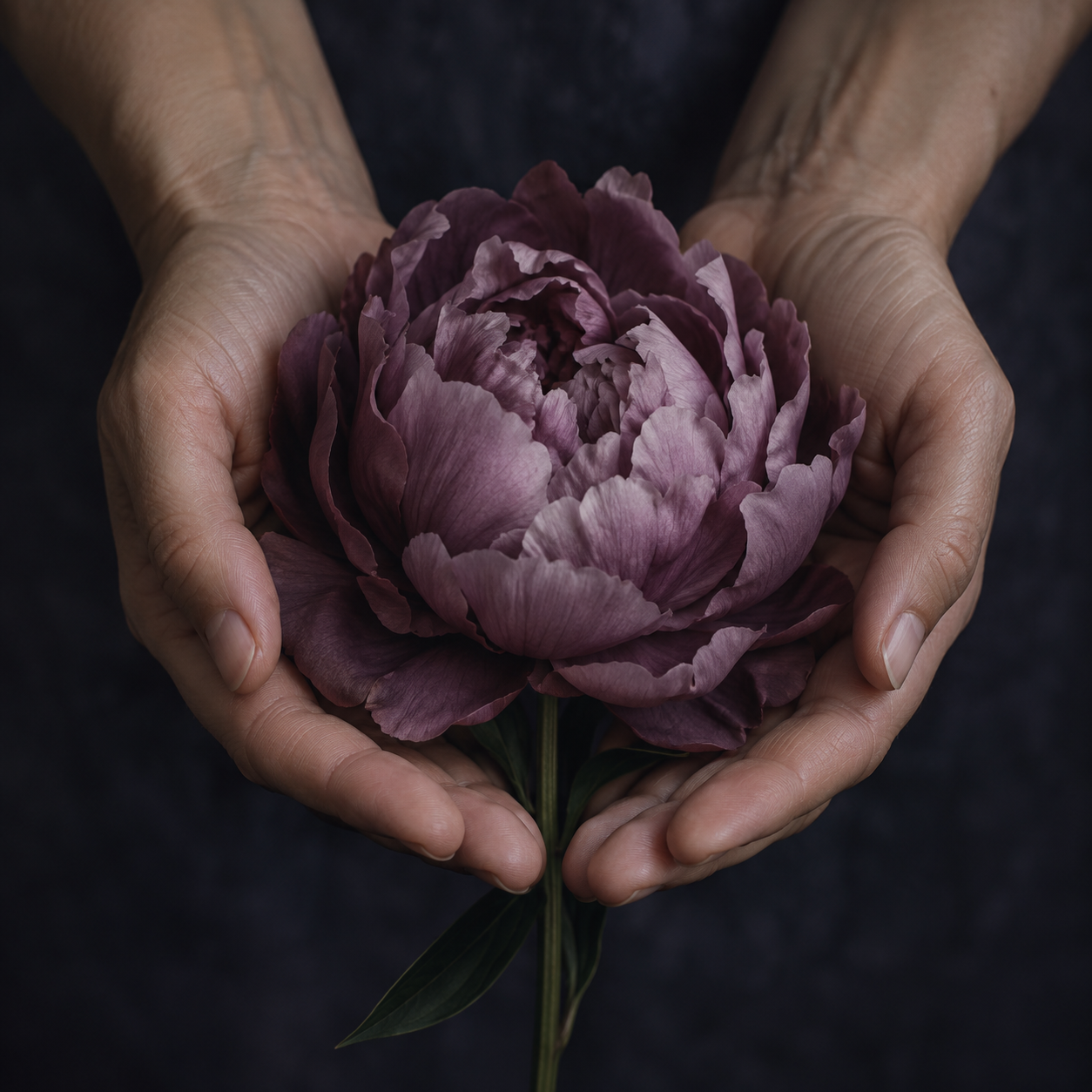 Two open hands gently cradle a purple peony against a dark background.
